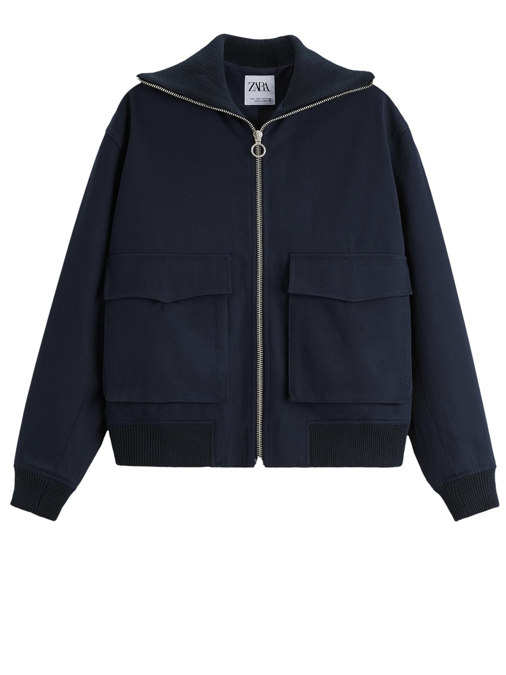 Zara Navy Zip-Front Bomber Jacket with Flap Pockets